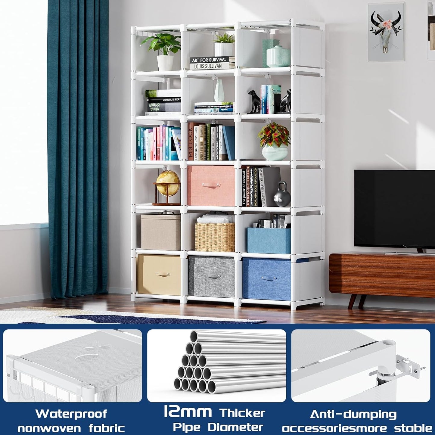 Book Shelf, 18 Cube Storage Organizer, DIY Bookcase, Metal Cube Bookshelf, Tall Book Case for Bedroom, Living Room, Office, Closet Storage Organizer, Black Cubicle Storage Rack-White-3