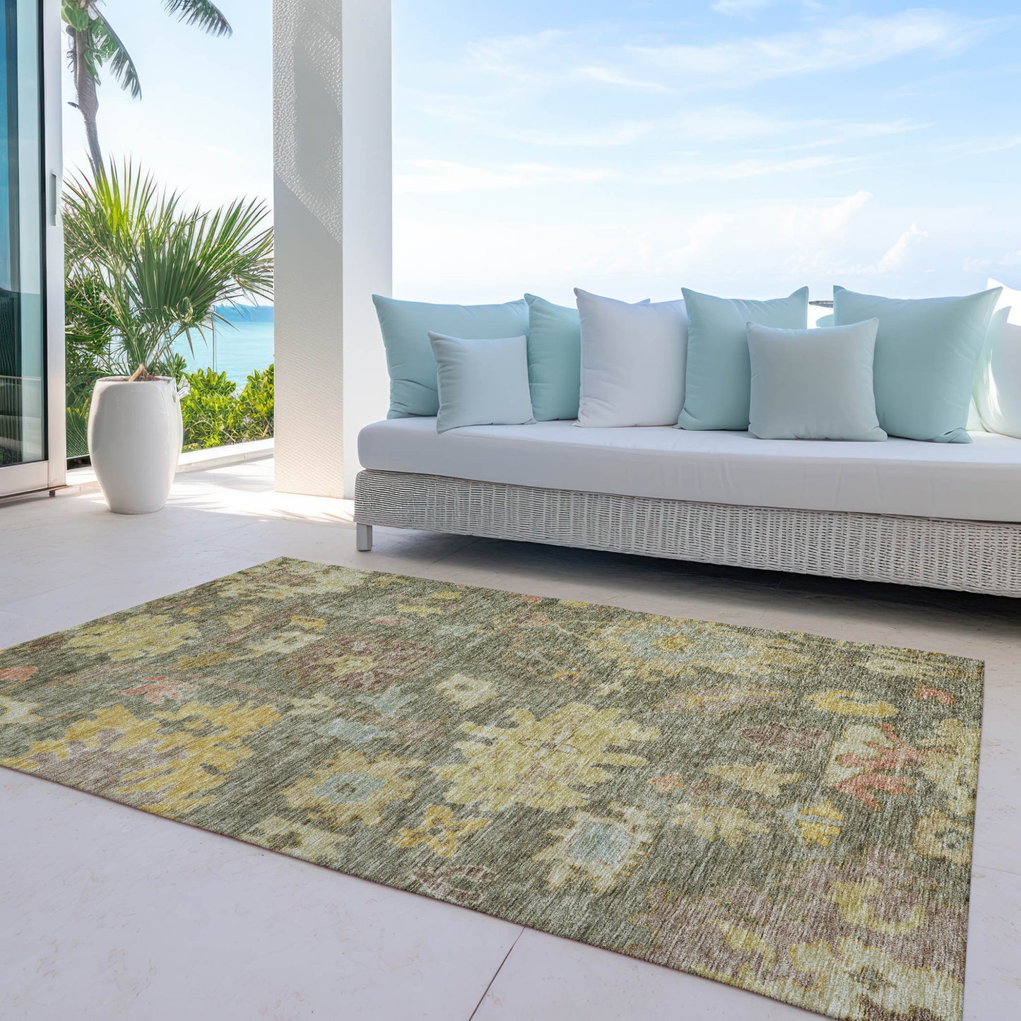9' X 12' Artichoke Green Coral And Brown Floral Washable Indoor Outdoor Area Rug-6