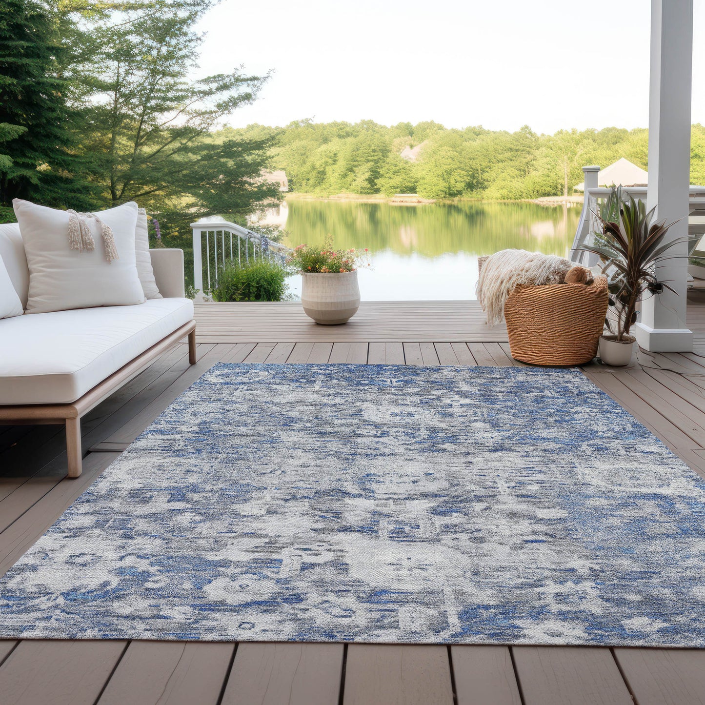 8' X 10' Blue And Denim Blue Floral Washable Indoor Outdoor Area Rug-6