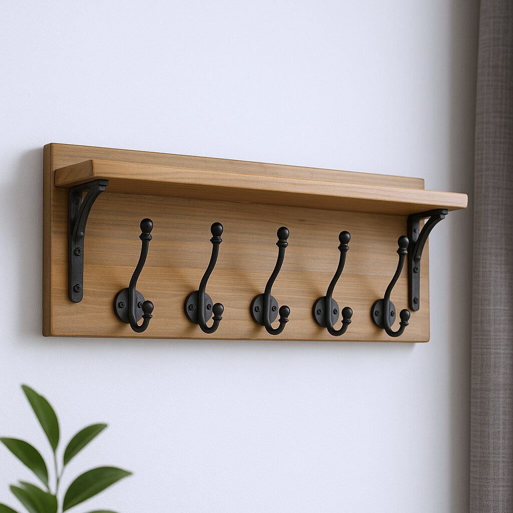 6" Black And Brown Metal And Solid Wood Five Hook Wall Mount Coat Rack-1