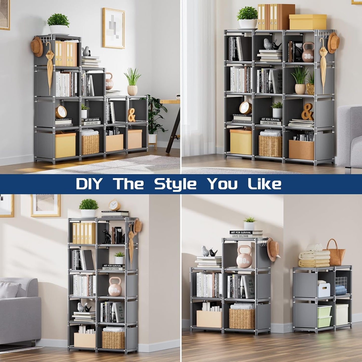 Book Shelf, 12 Cube Storage Organizer, DIY Bookcase, Metal Cube Bookshelf,Tall Book Case for Bedroom, Living Room,Office,Closet Storage Organizer, Grey Cubicle Storage Rack-3