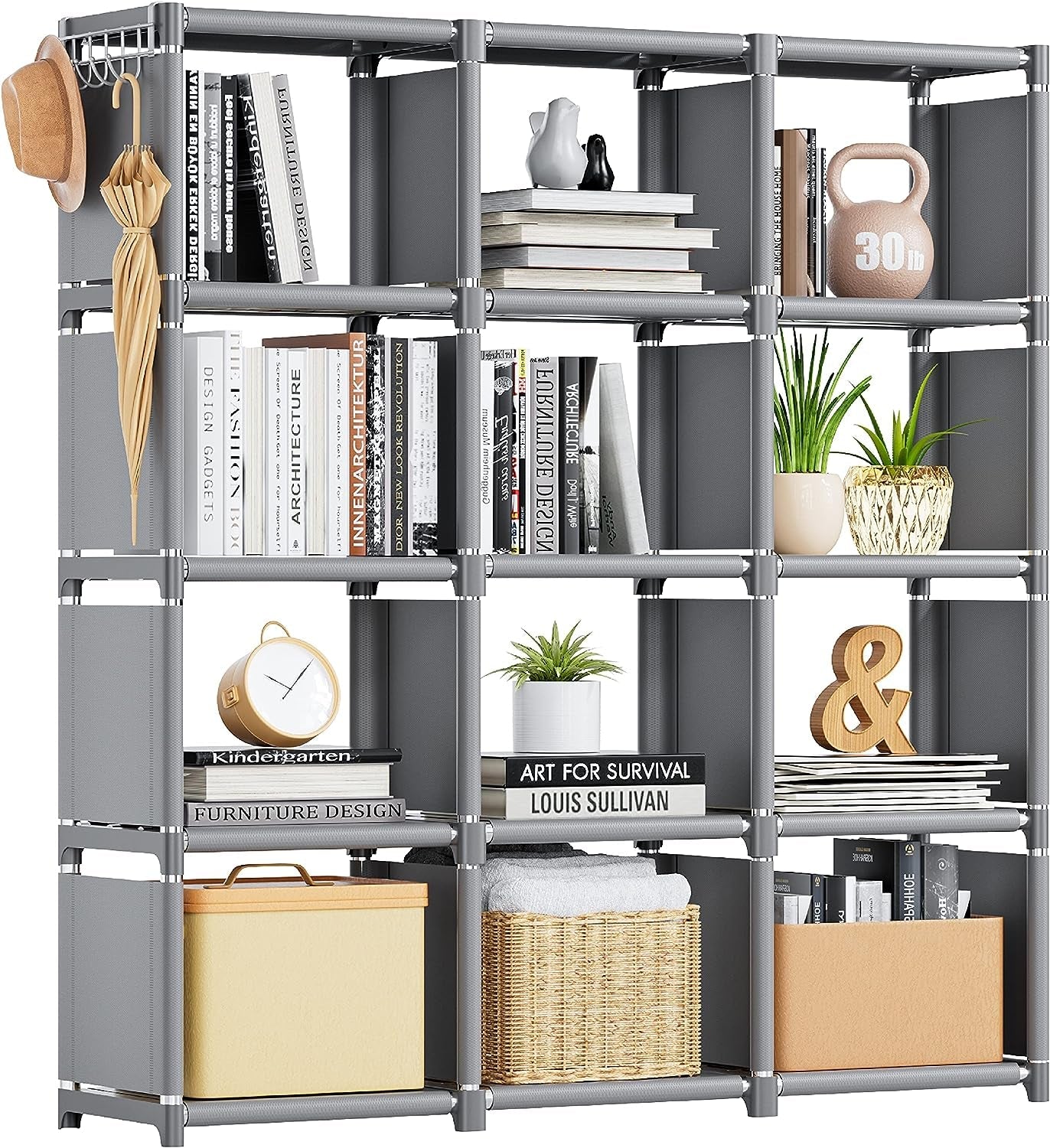 Book Shelf, 12 Cube Storage Organizer, DIY Bookcase, Metal Cube Bookshelf,Tall Book Case for Bedroom, Living Room,Office,Closet Storage Organizer, Grey Cubicle Storage Rack-0