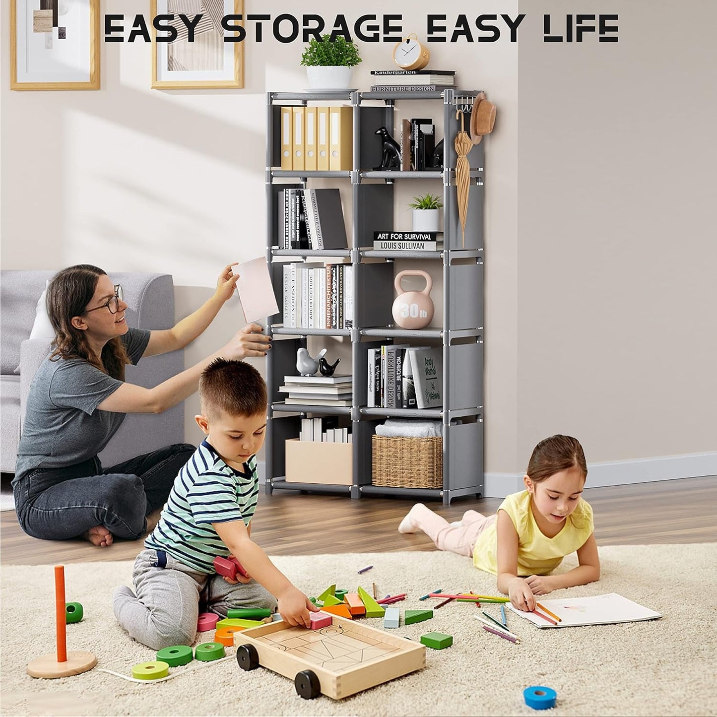 Book Shelf, 12 Cube Storage Organizer, DIY Bookcase, Metal Cube Bookshelf,Tall Book Case for Bedroom, Living Room,Office,Closet Storage Organizer, Grey Cubicle Storage Rack-1