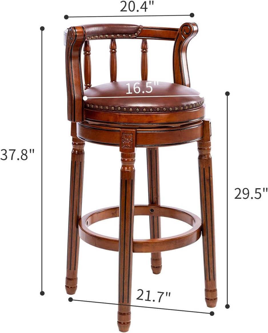 Cow Top Leather Wooden Bar Stools, 360 Degree Swivel Bar Height Chair with Backs for Home Kitchen Counter, Morden Chair Barstools (Brown 2Pcs, Bar Height-Seat Height 29.5”)-2