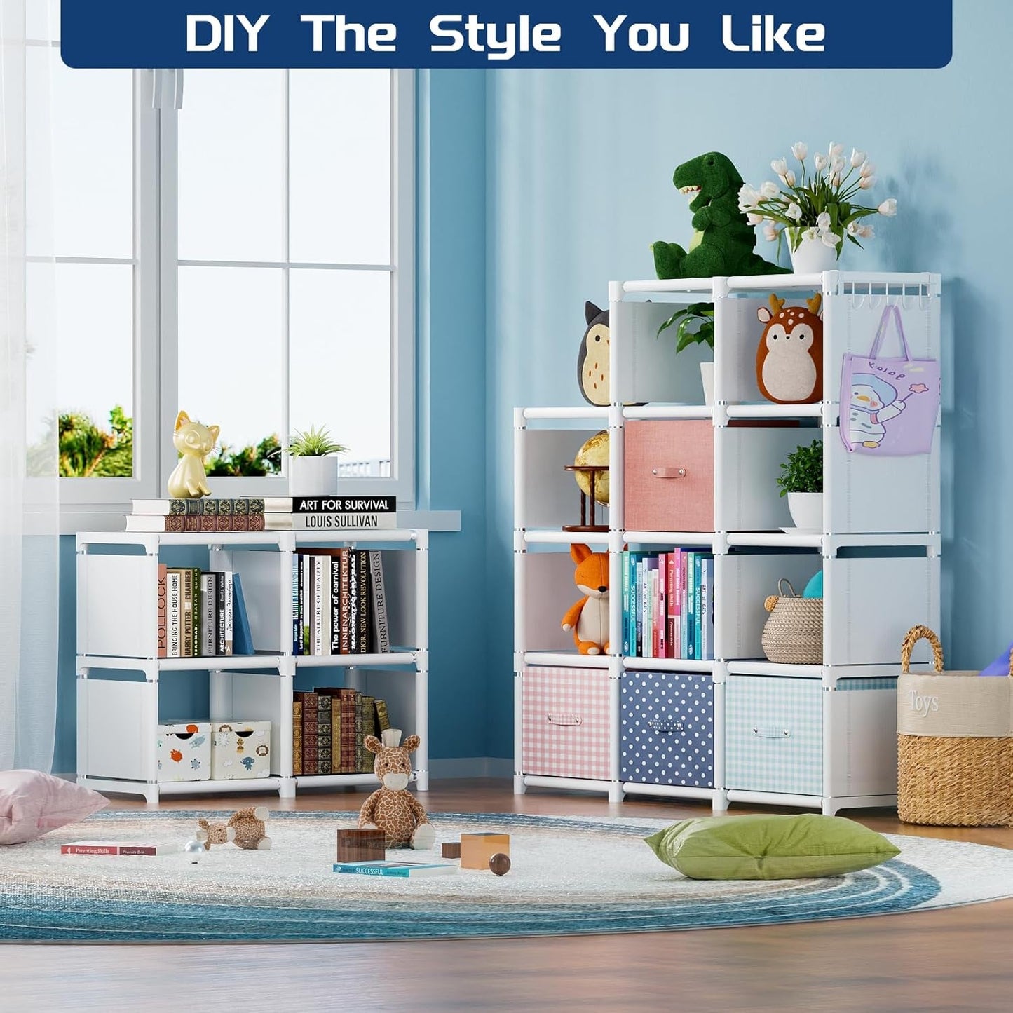 Book Shelf, 18 Cube Storage Organizer, DIY Bookcase, Metal Cube Bookshelf, Tall Book Case for Bedroom, Living Room, Office, Closet Storage Organizer, Black Cubicle Storage Rack-White-1