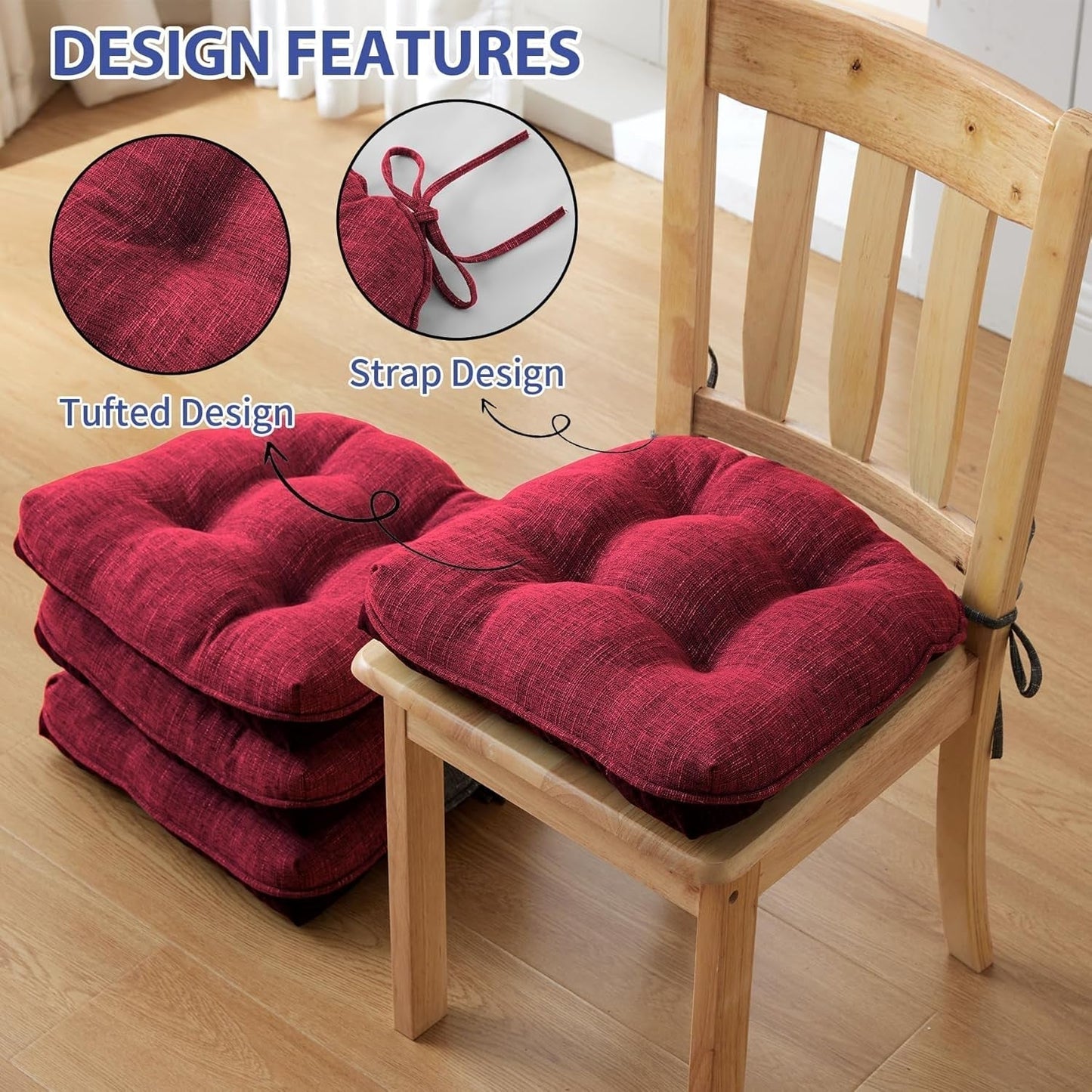 Chair Cushions for Dining Chairs Set of 4, Indoor Kitchen Chair Cushions with Ties and Non Slip Backing, Tufted Memory Foam Seat Cushions, Chair Pads 4 Pack, 15.5" X 15.5" X 4", Red-3