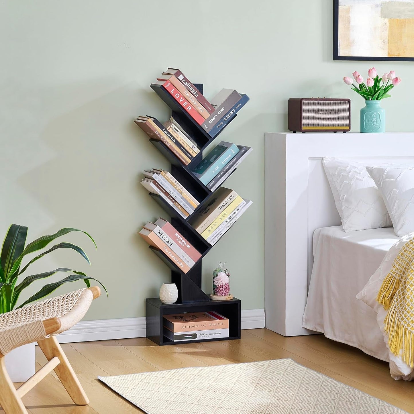 6 Tier Tree Bookshelf, Tall Bookcase with Drawer, Freestanding Book Shelf, Display Floor Standing Storage Shelf, Book Organizer Shelves for Home Office, Living Room, Bedroom, Black-4