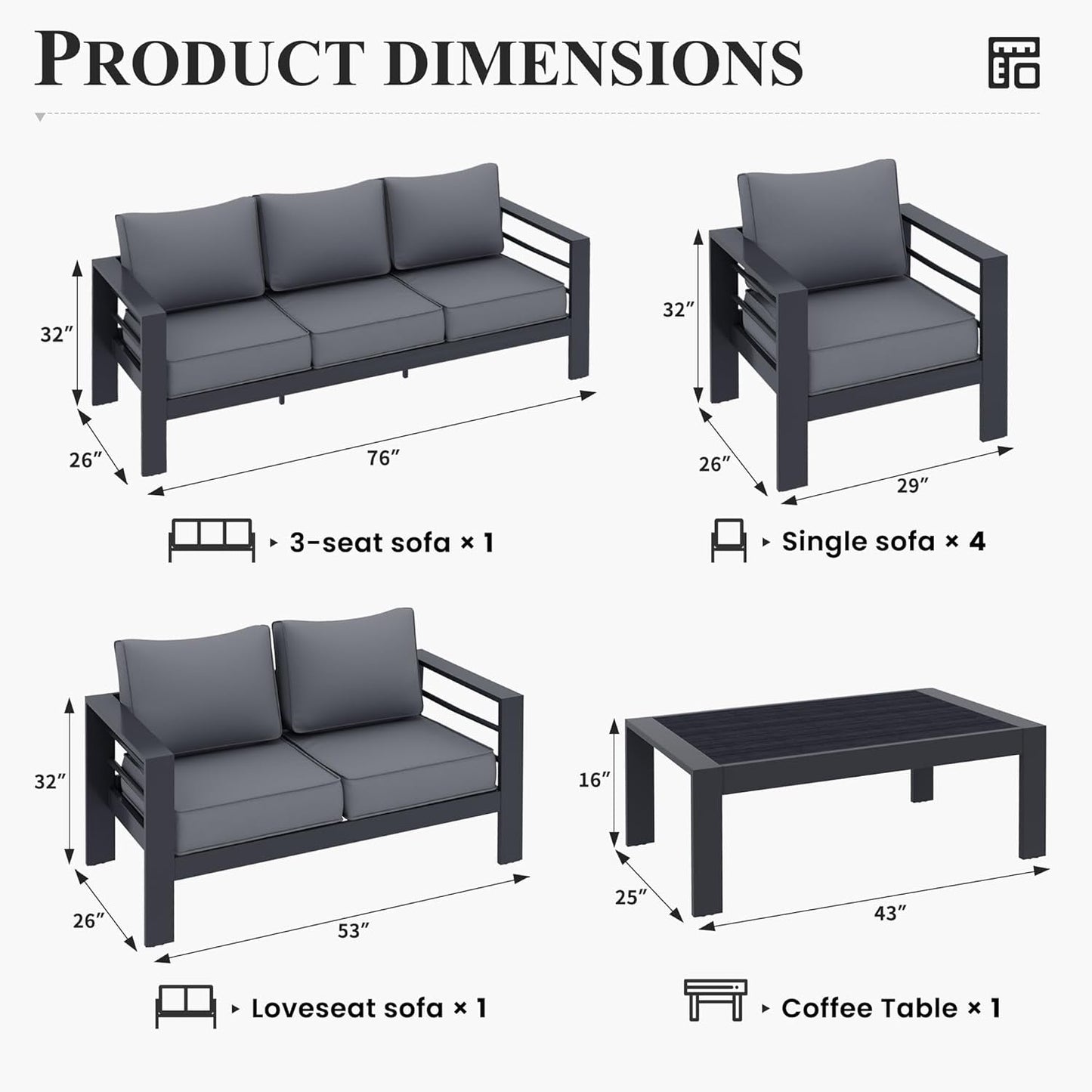 Aluminum Patio Furniture Set, 7 Piece Metal Outdoor Furniture Set, Patio Furniture Set with Waterproof Covers for Backyard Garden(Grey)-4