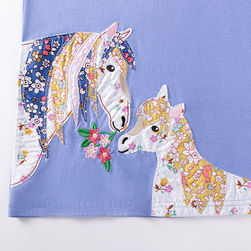 Autumn and Spring Arrival Color Patchwork Horse Cartoon Pattern Long Sleeves Dress for Stylish Girls-3