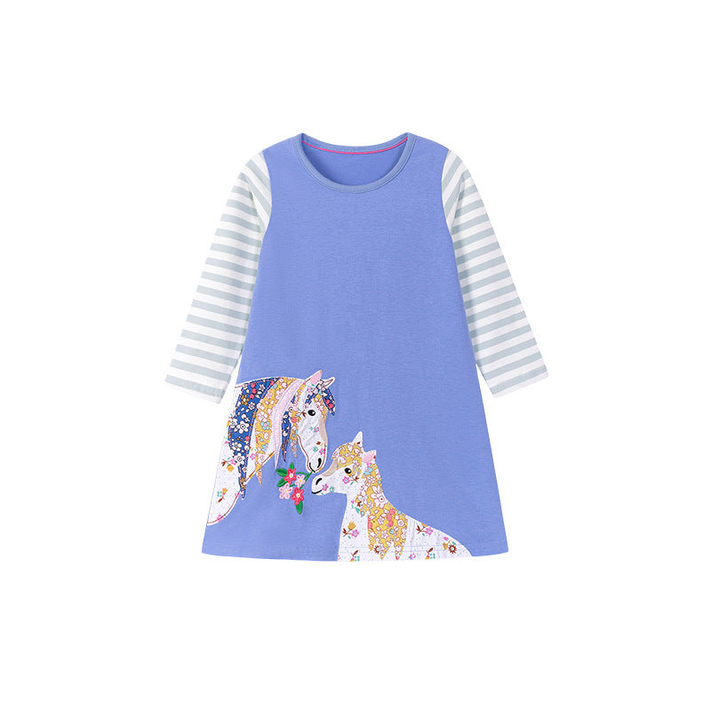 Autumn and Spring Arrival Color Patchwork Horse Cartoon Pattern Long Sleeves Dress for Stylish Girls-4