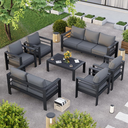 Aluminum Patio Furniture Set, 7 Piece Metal Outdoor Furniture Set, Patio Furniture Set with Waterproof Covers for Backyard Garden（Grey）-0