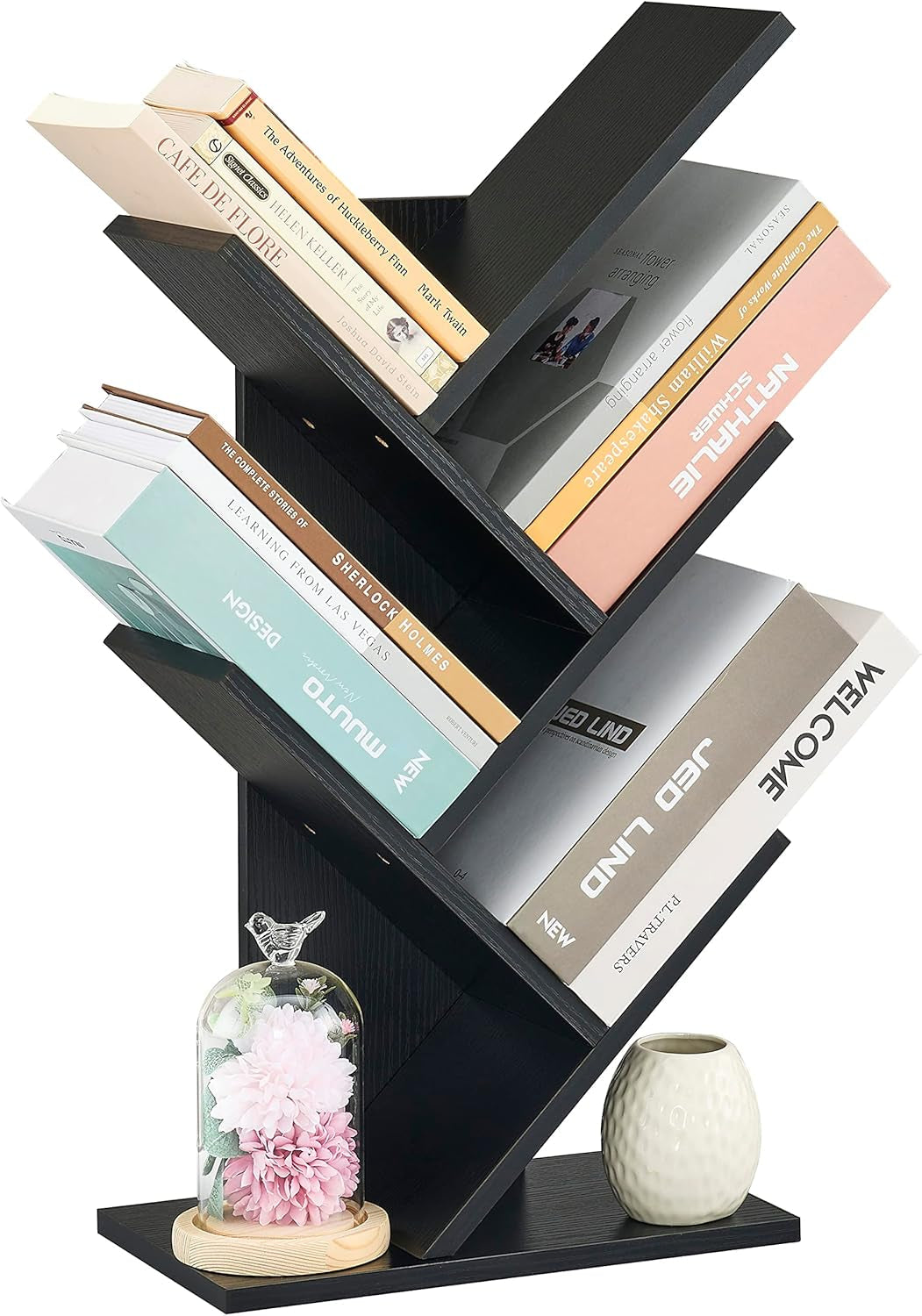 4 Tier Tree Bookshelf, 4 Shelf Bookcase, Free Standing Tree Bookcase, Display Floor Standing Shelf for Books, Book Organizer Shelves for Home Office, Living Room, Bedroom, Black-0