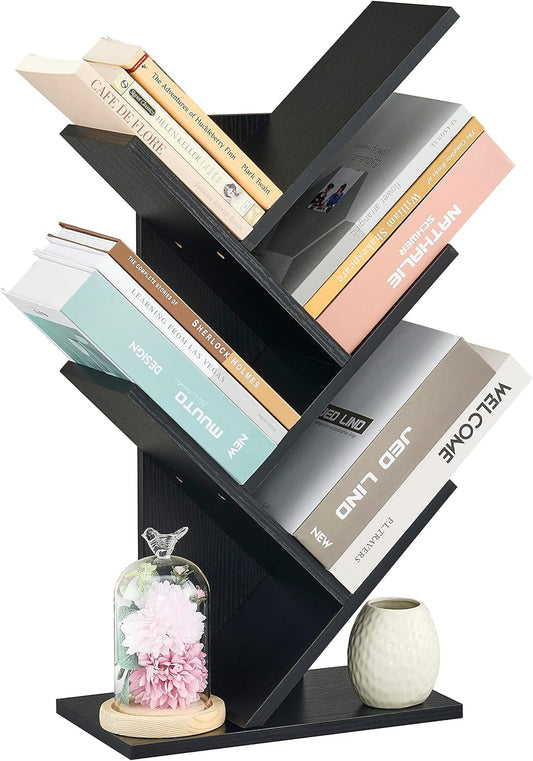 4 Tier Tree Bookshelf, 4 Shelf Bookcase, Free Standing Tree Bookcase, Display Floor Standing Shelf for Books, Book Organizer Shelves for Home Office, Living Room, Bedroom, Black-0