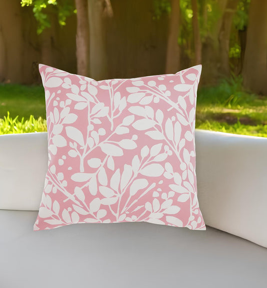 20" Pink and White Botanical And Geometric Indoor Outdoor Throw Pillow-0