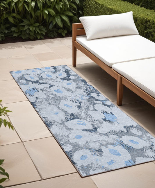 8' Runner Denim Blue Floral Washable Non Skid Indoor Outdoor Runner Rug-0
