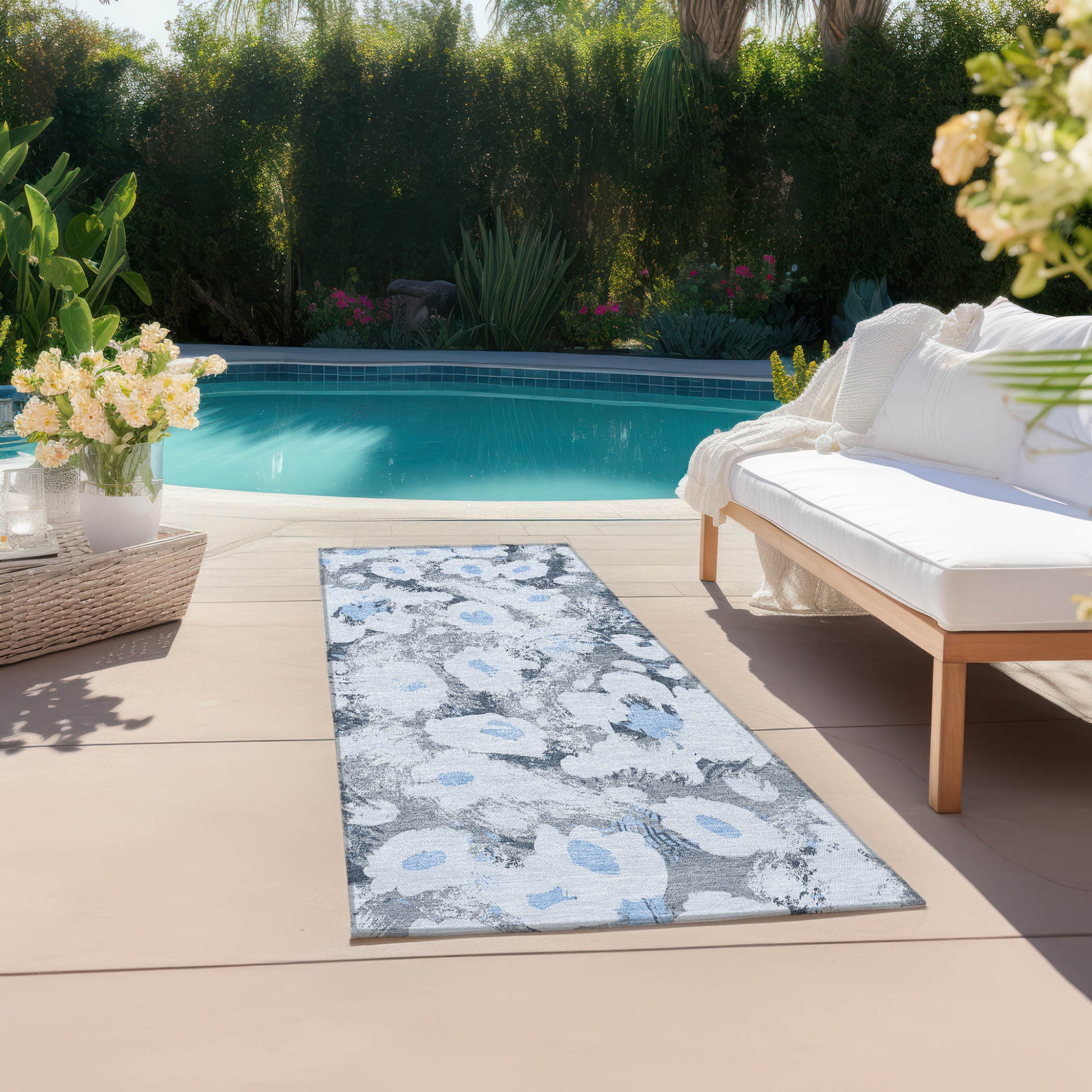 8' Runner Denim Blue Floral Washable Non Skid Indoor Outdoor Runner Rug-7