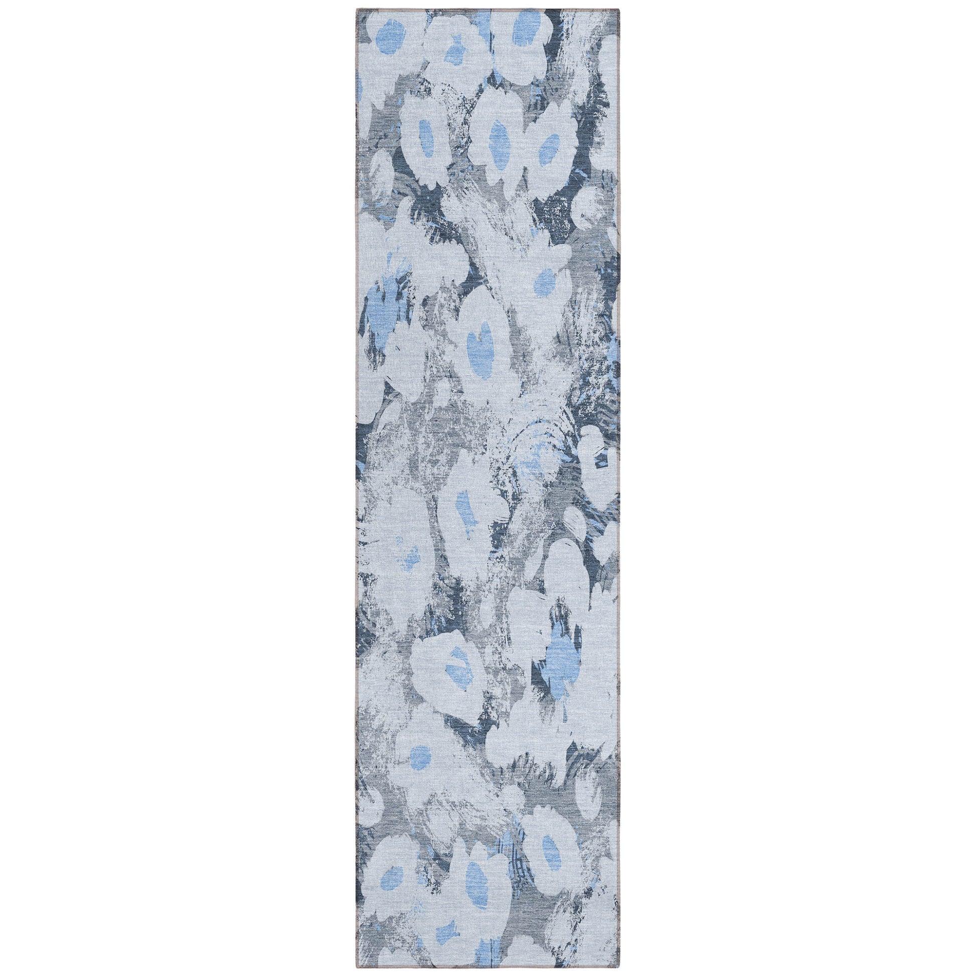 8' Runner Denim Blue Floral Washable Non Skid Indoor Outdoor Runner Rug-1