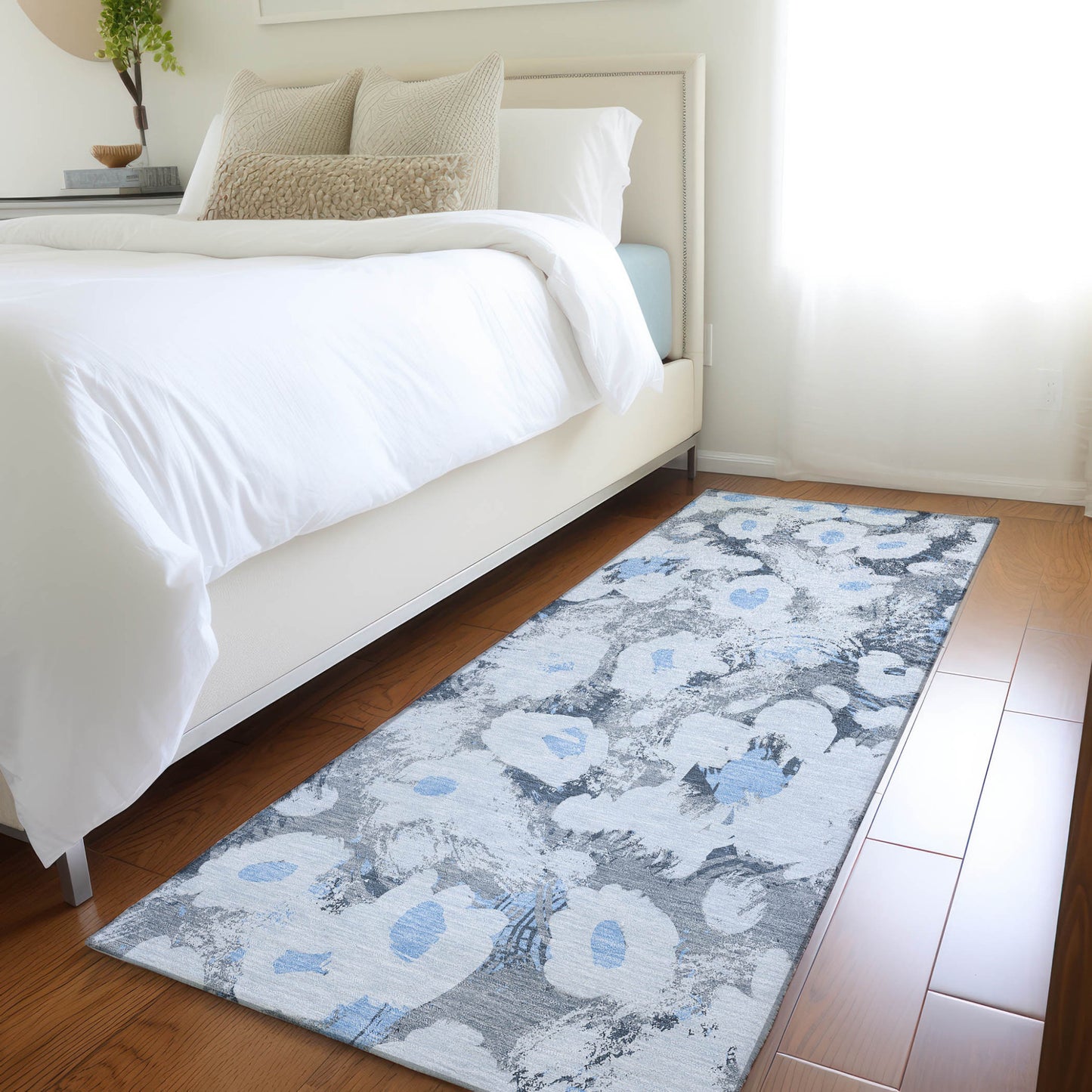 8' Runner Denim Blue Floral Washable Non Skid Indoor Outdoor Runner Rug-8