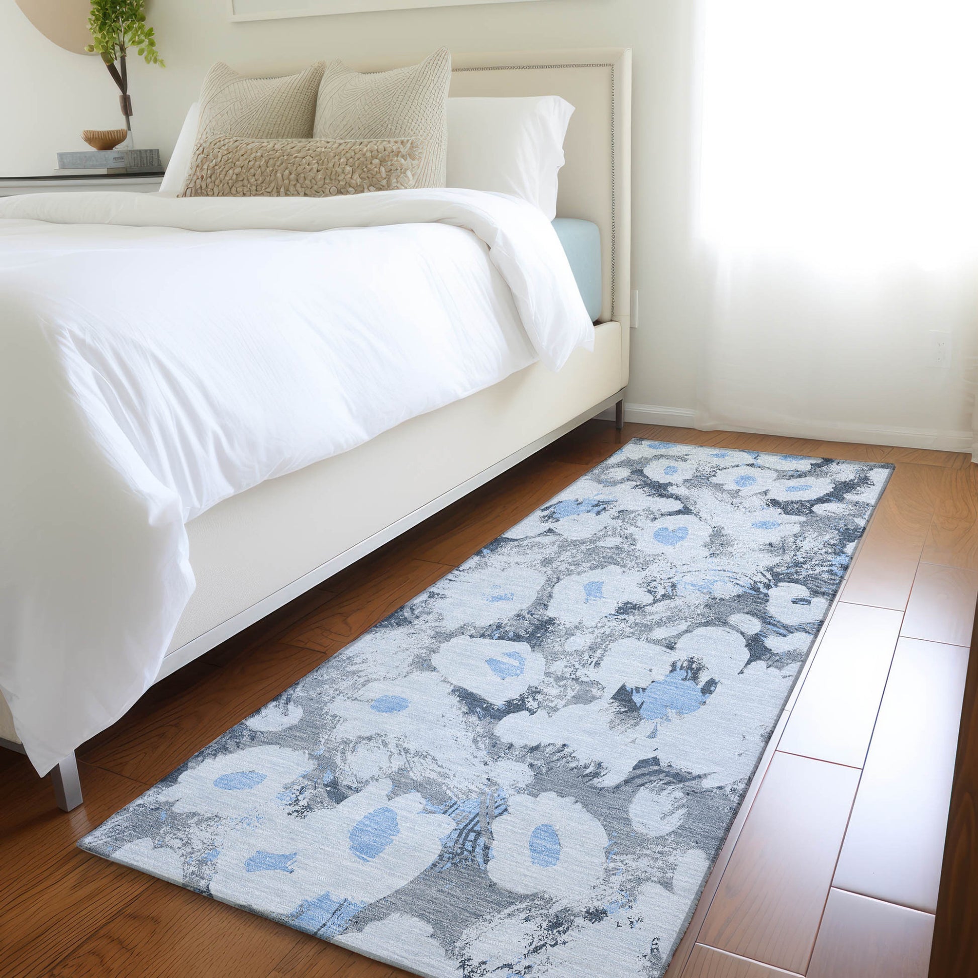 8' Runner Denim Blue Floral Washable Non Skid Indoor Outdoor Runner Rug-8