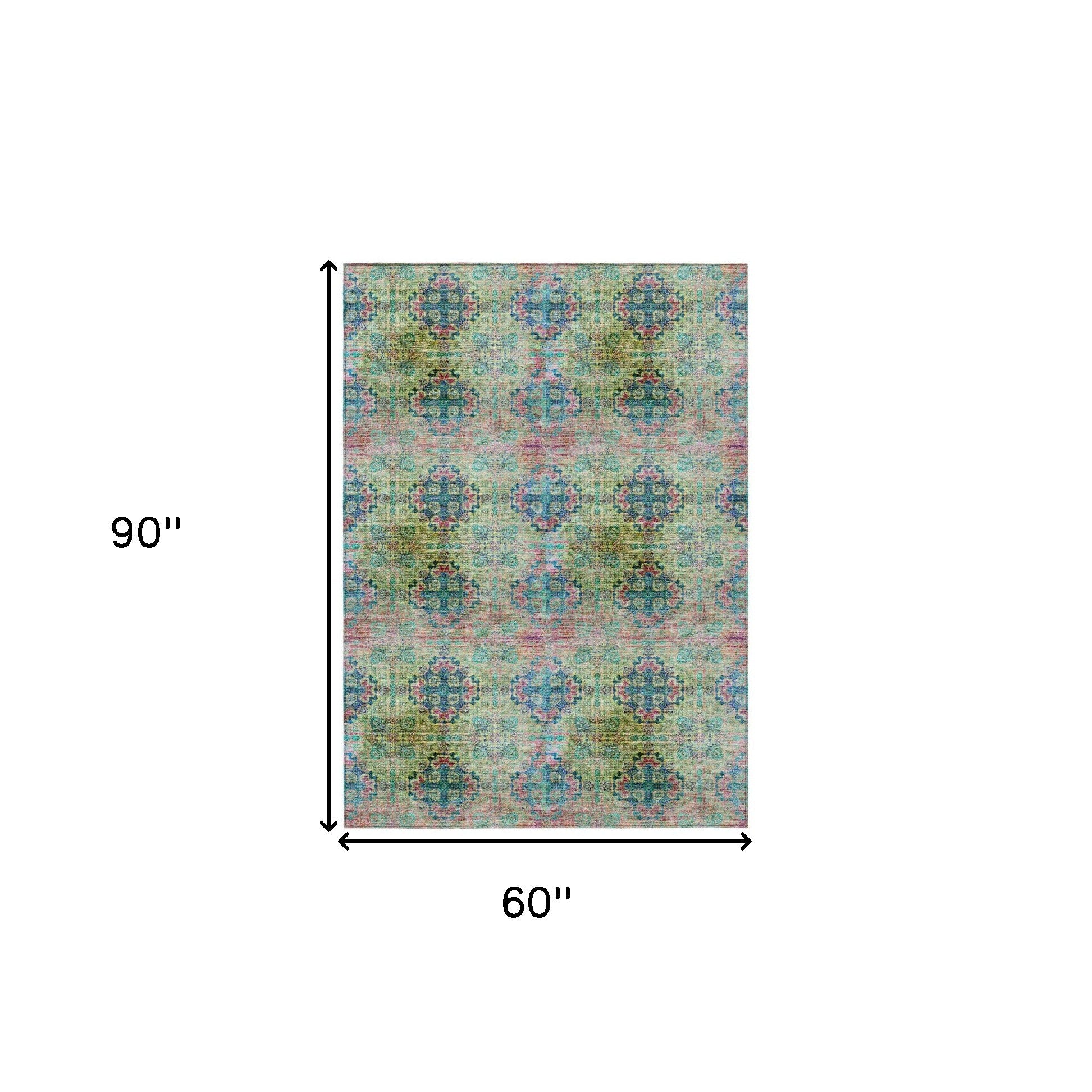 5' X 8' Blue and Green Floral Medallion Washable Non Skid Indoor Outdoor Area Rug-2