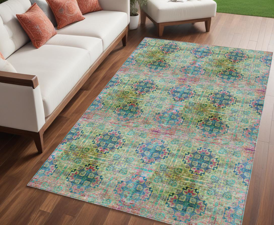 5' X 8' Blue and Green Floral Medallion Washable Non Skid Indoor Outdoor Area Rug-0