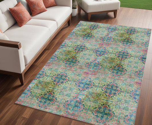 5' X 8' Blue and Green Floral Medallion Washable Non Skid Indoor Outdoor Area Rug-0