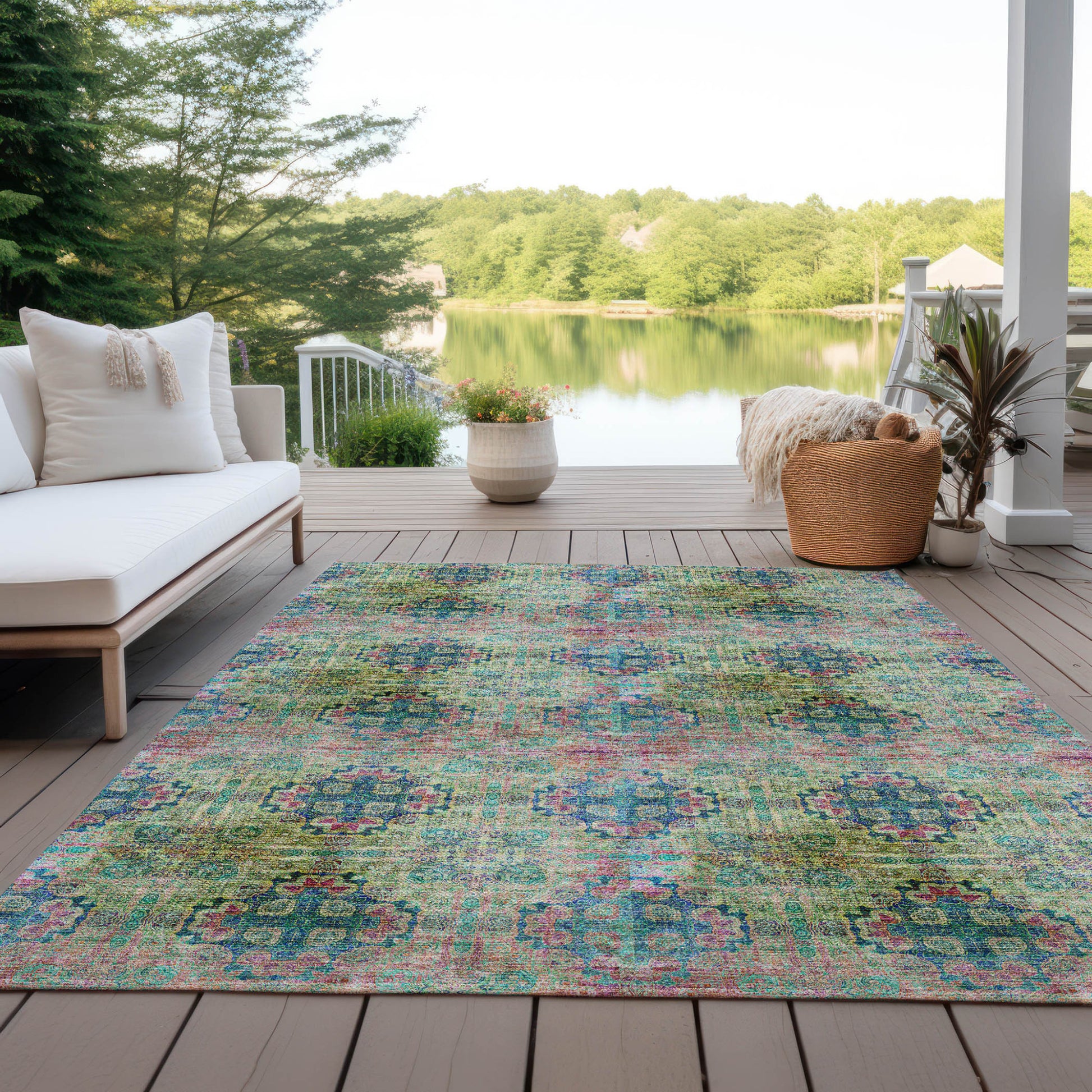 5' X 8' Blue and Green Floral Medallion Washable Non Skid Indoor Outdoor Area Rug-6