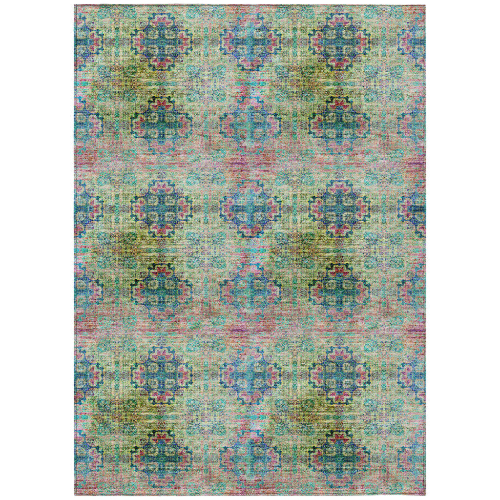 5' X 8' Blue and Green Floral Medallion Washable Non Skid Indoor Outdoor Area Rug-1