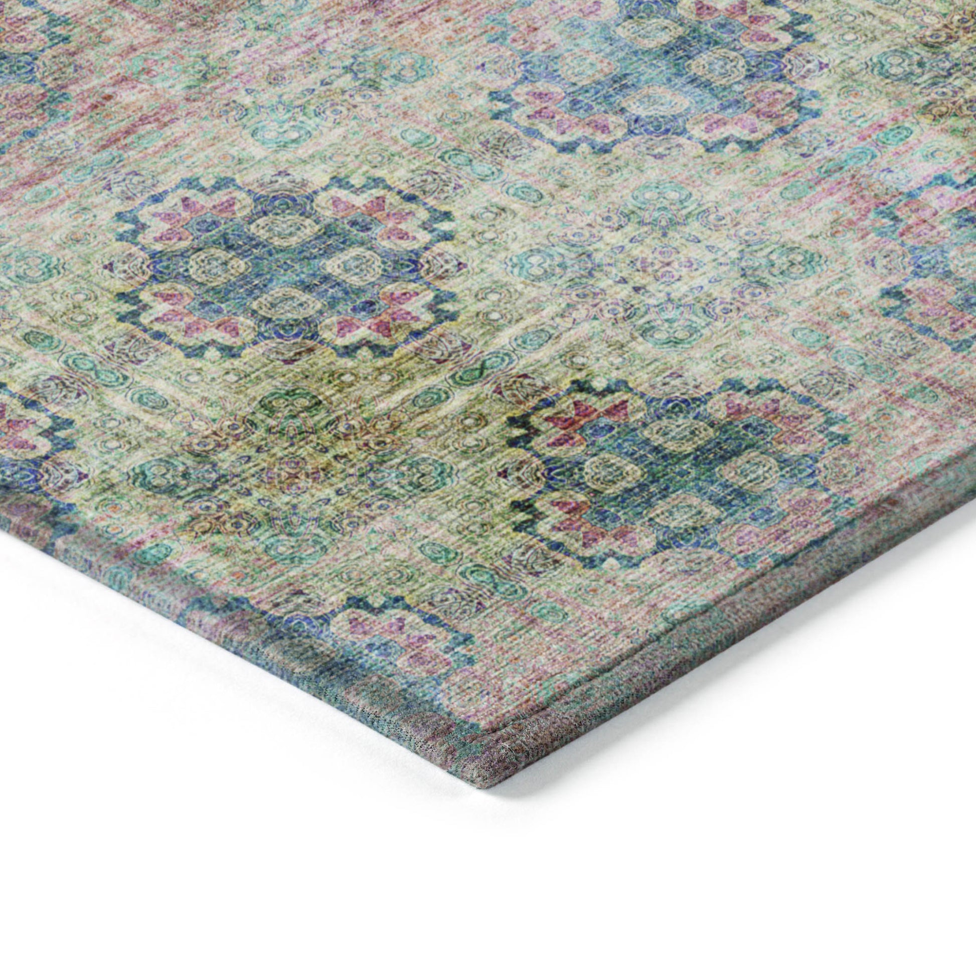 5' X 8' Blue and Green Floral Medallion Washable Non Skid Indoor Outdoor Area Rug-4