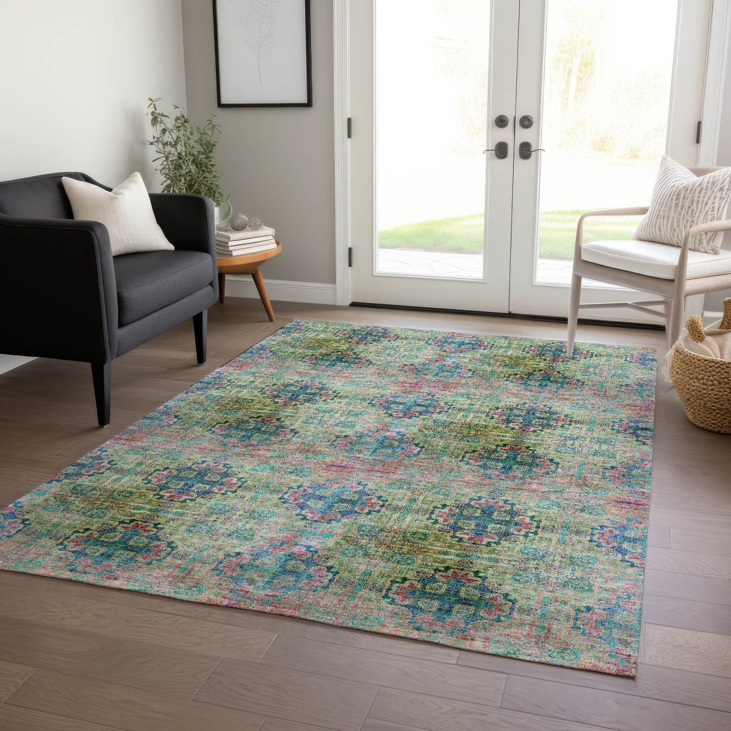 5' X 8' Blue and Green Floral Medallion Washable Non Skid Indoor Outdoor Area Rug-7