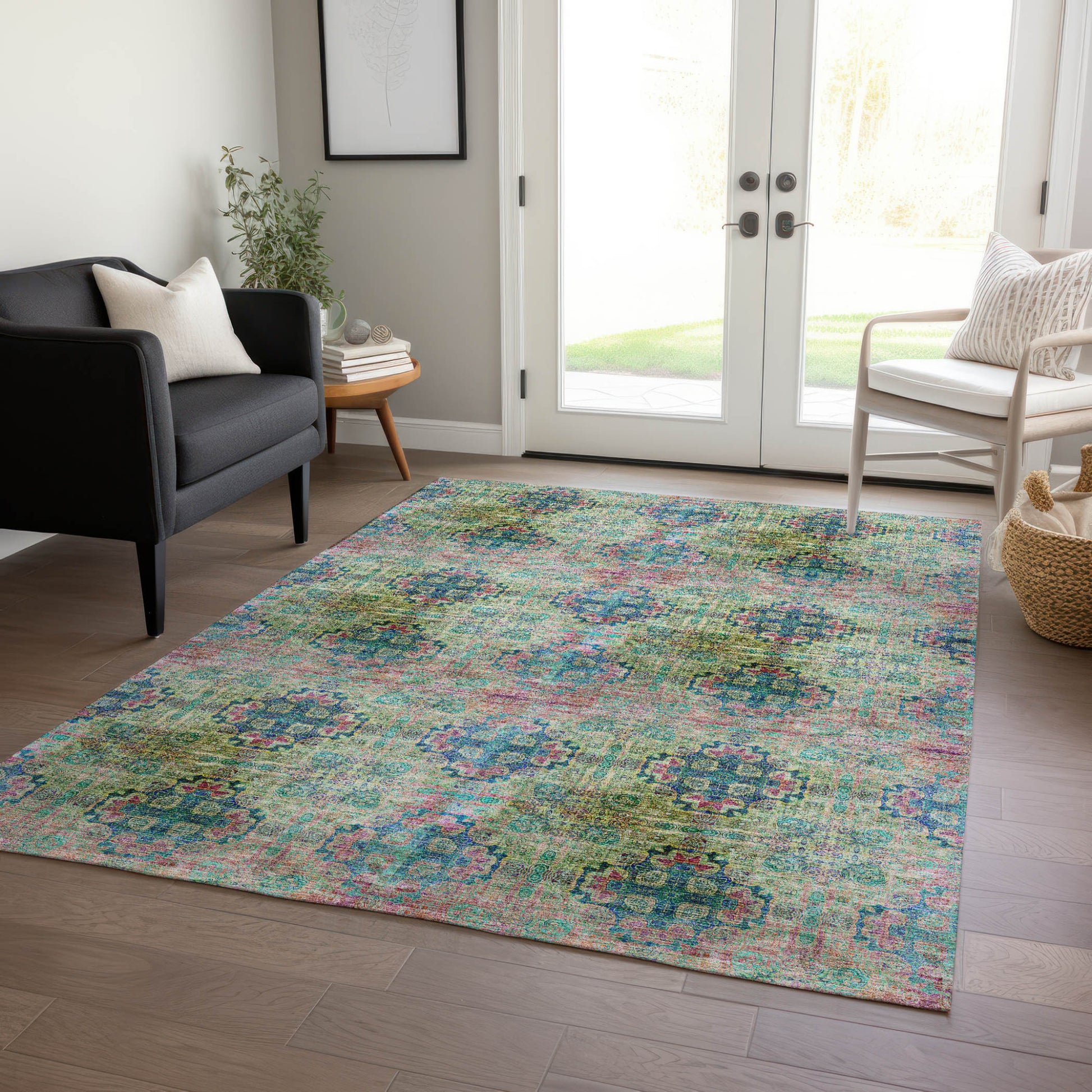 5' X 8' Blue and Green Floral Medallion Washable Non Skid Indoor Outdoor Area Rug-7