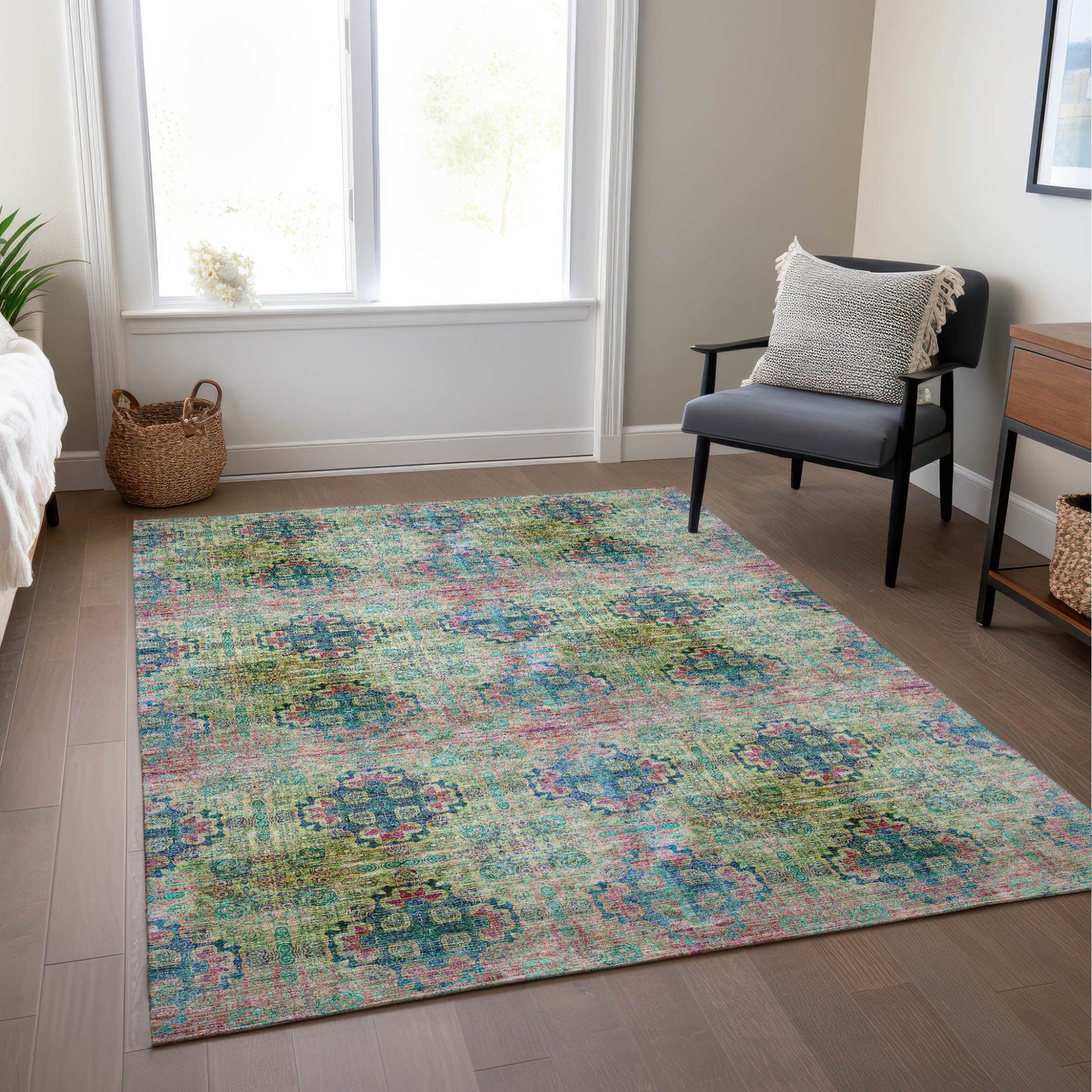 5' X 8' Blue and Green Floral Medallion Washable Non Skid Indoor Outdoor Area Rug-8