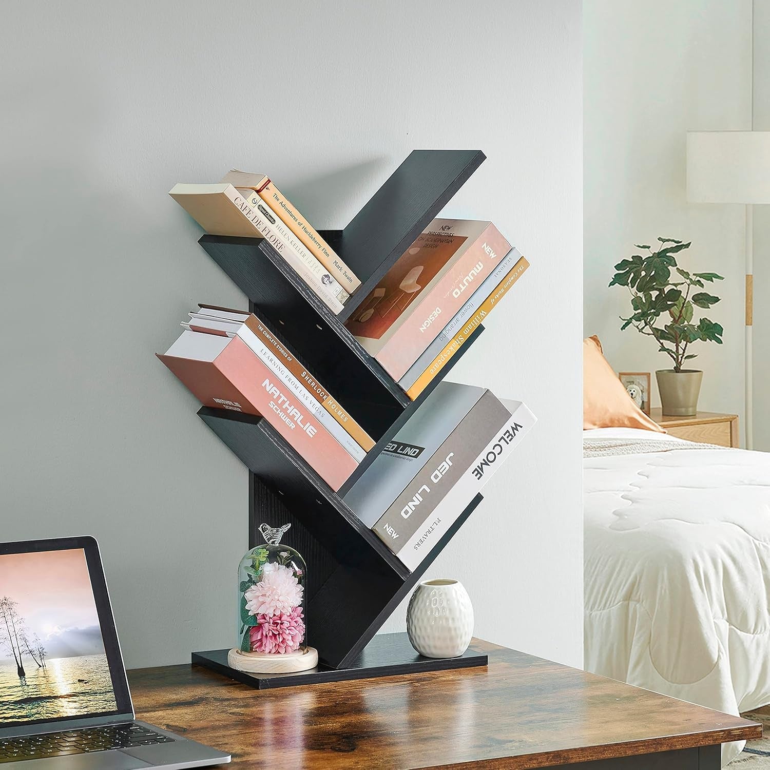 4 Tier Tree Bookshelf, 4 Shelf Bookcase, Free Standing Tree Bookcase, Display Floor Standing Shelf for Books, Book Organizer Shelves for Home Office, Living Room, Bedroom, Black-1