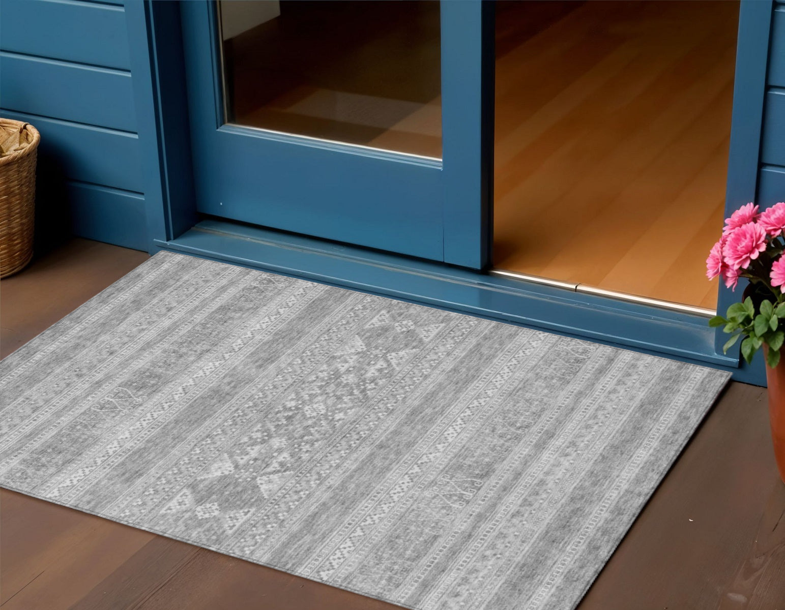 3' X 5' Silver Gray And Ivory Southwestern Washable Indoor Outdoor Area Rug-0