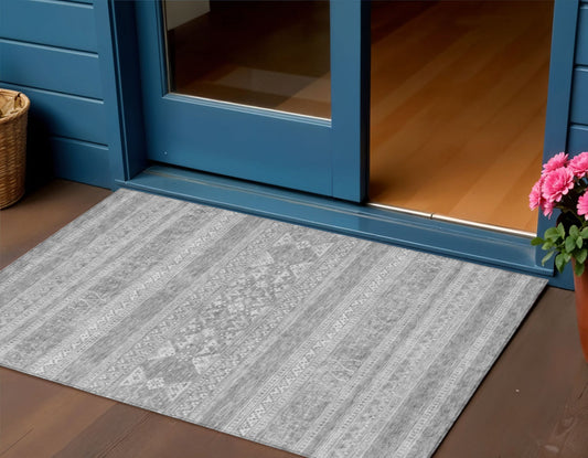 3' X 5' Silver Gray And Ivory Southwestern Washable Indoor Outdoor Area Rug-0