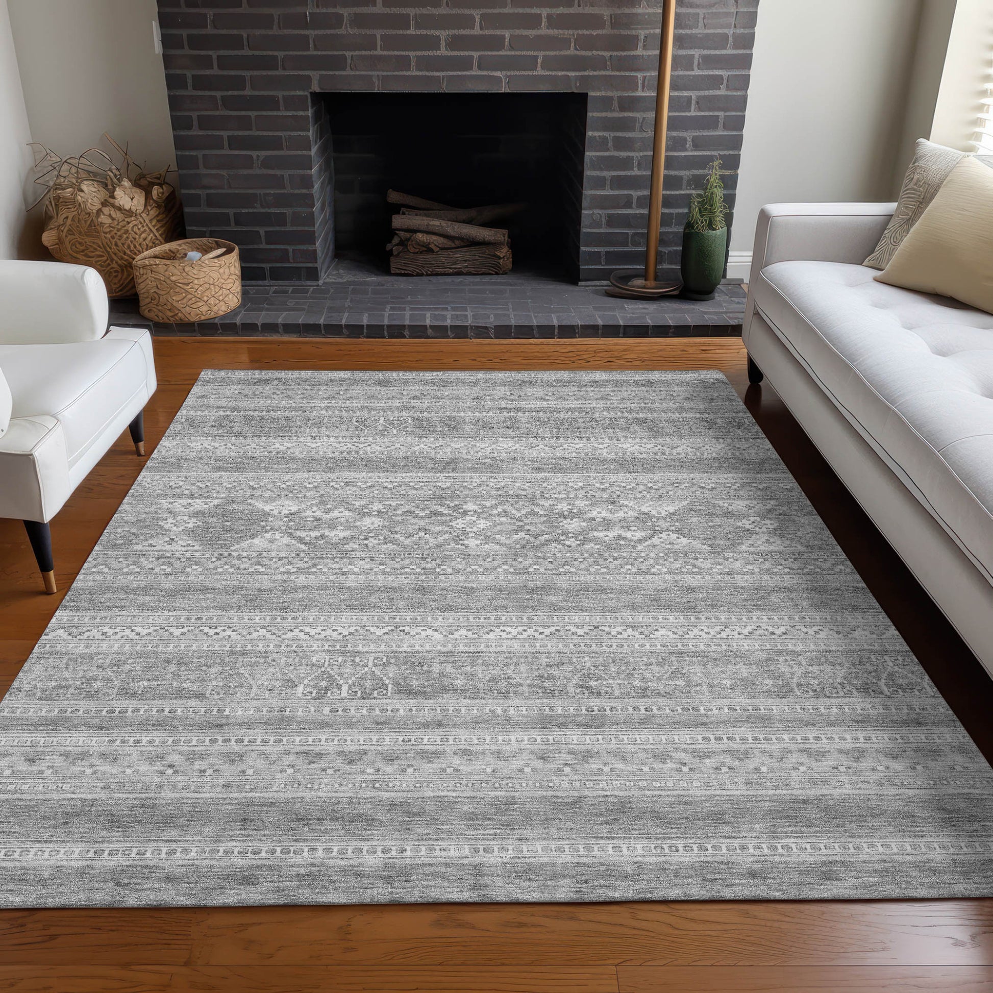 3' X 5' Silver Gray And Ivory Southwestern Washable Indoor Outdoor Area Rug-7