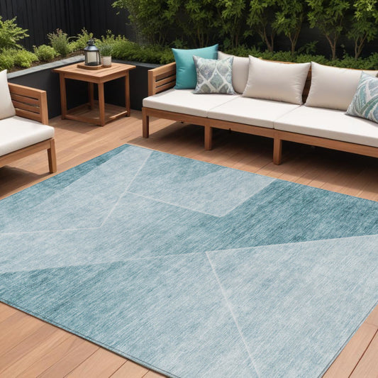 10' X 14' Teal Blue And Aqua Abstract Washable Indoor Outdoor Area Rug-0