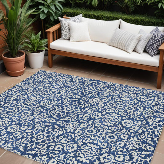 8' X 10' Navy Blue And Ivory Damask Washable Indoor Outdoor Area Rug-0