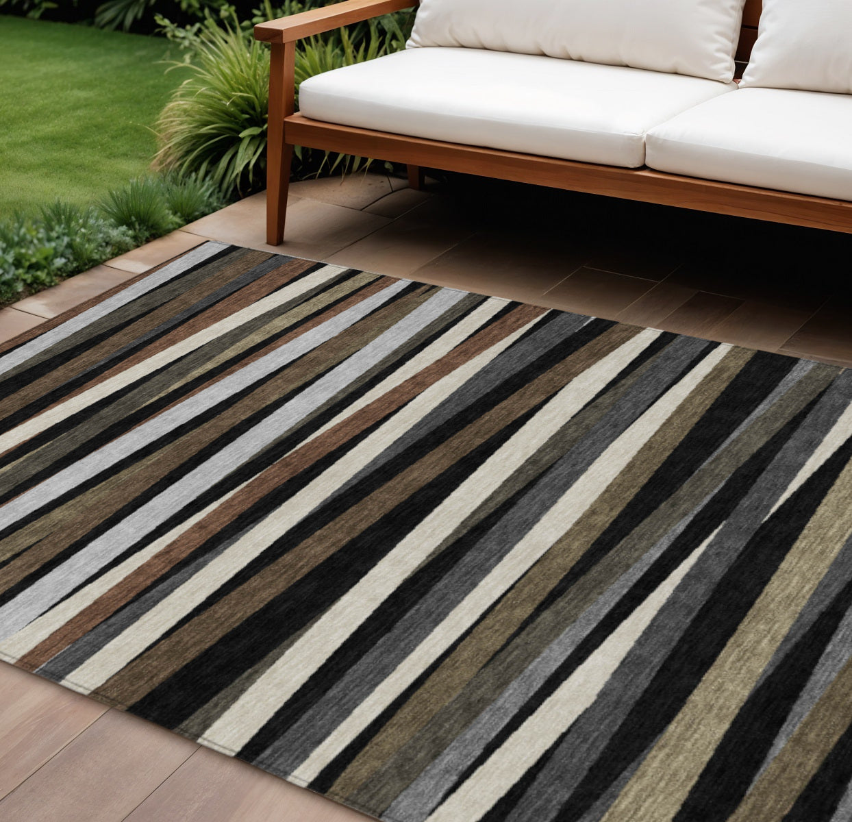 8' X 10' Black Brown And Ivory Striped Washable Indoor Outdoor Area Rug-0