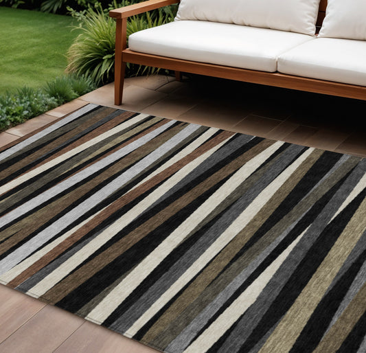 8' X 10' Black Brown And Ivory Striped Washable Indoor Outdoor Area Rug-0