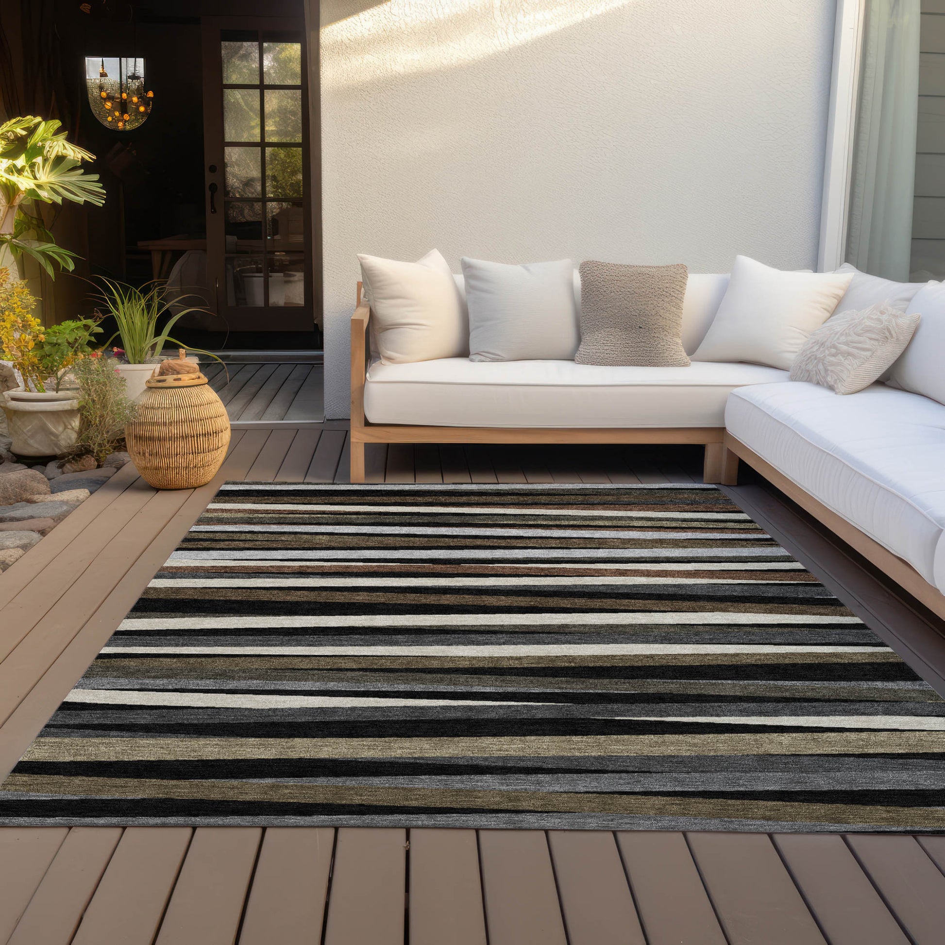 8' X 10' Black Brown And Ivory Striped Washable Indoor Outdoor Area Rug-6