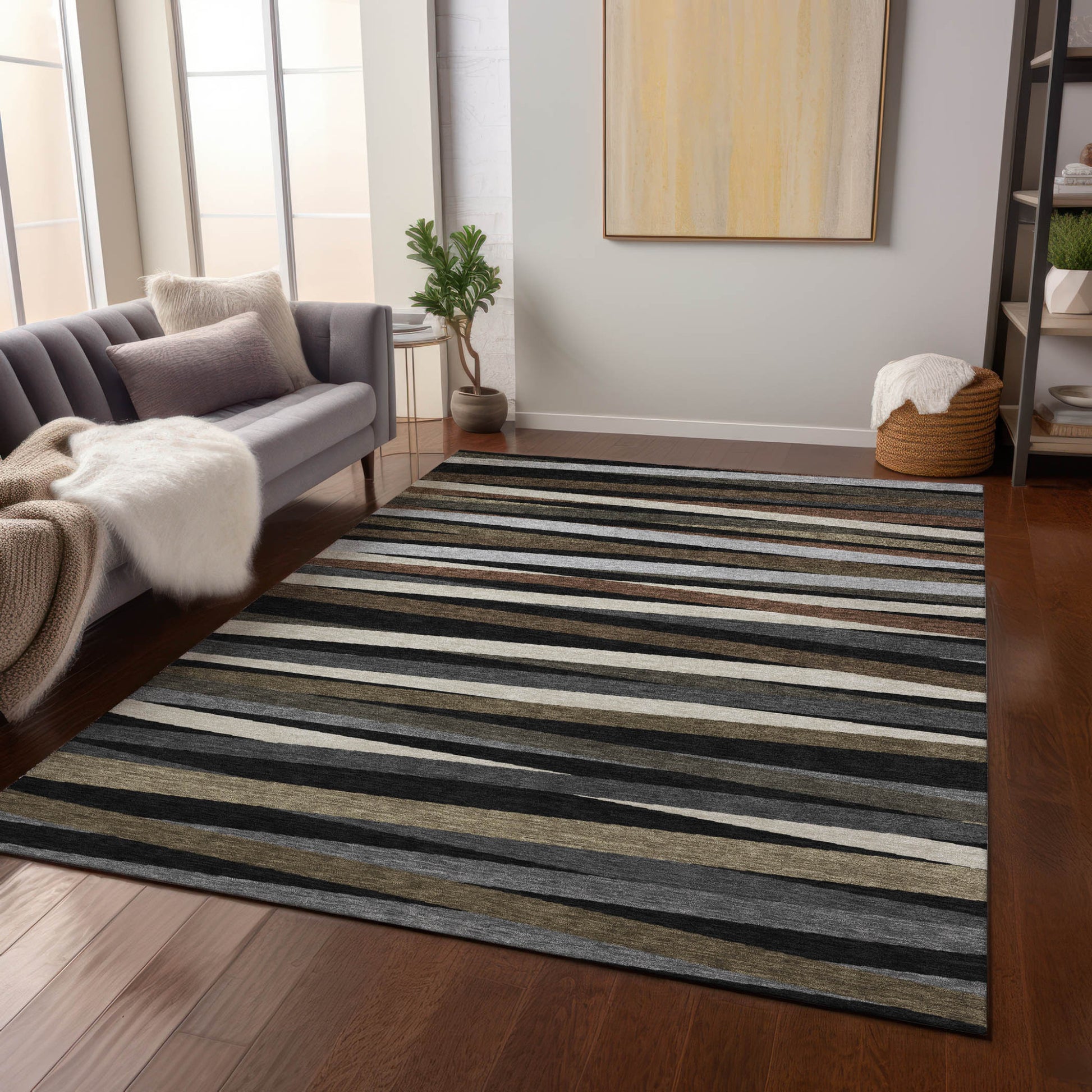8' X 10' Black Brown And Ivory Striped Washable Indoor Outdoor Area Rug-7