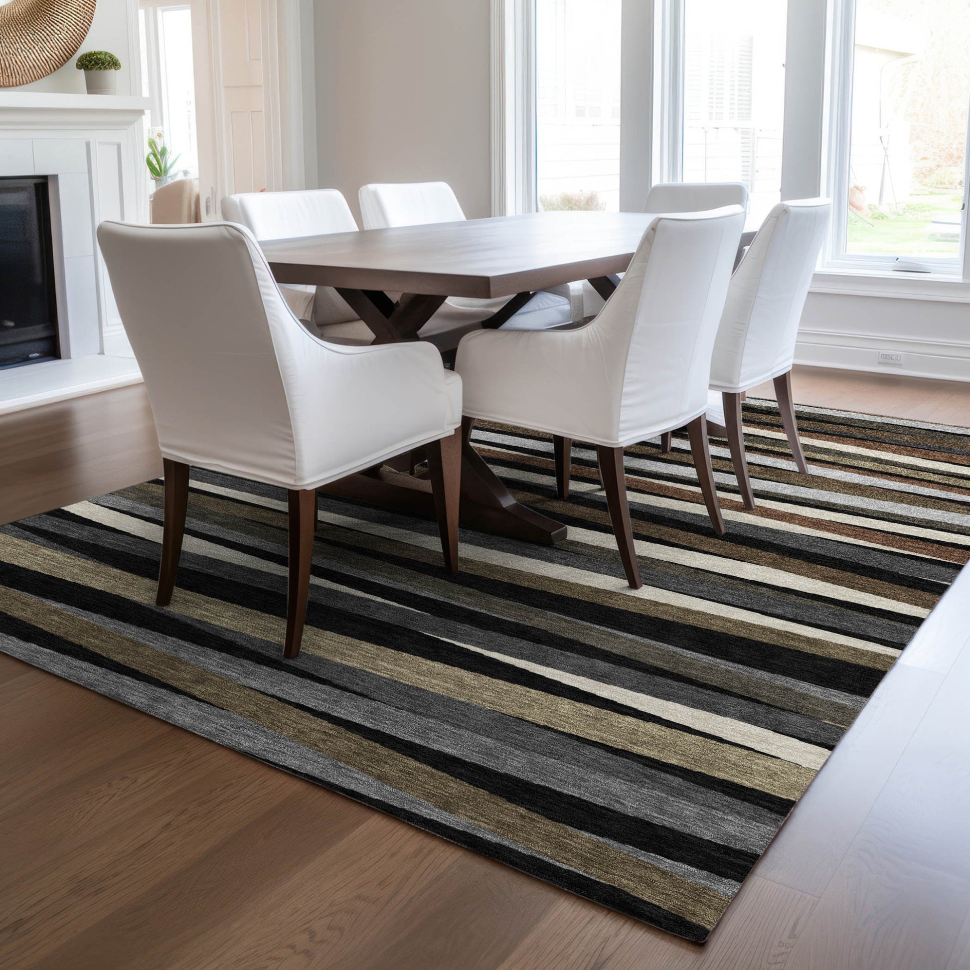 8' X 10' Black Brown And Ivory Striped Washable Indoor Outdoor Area Rug-8