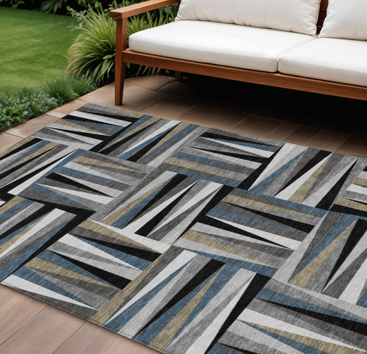 10' X 14' Black Gray And Ivory Geometric Washable Indoor Outdoor Area Rug-0