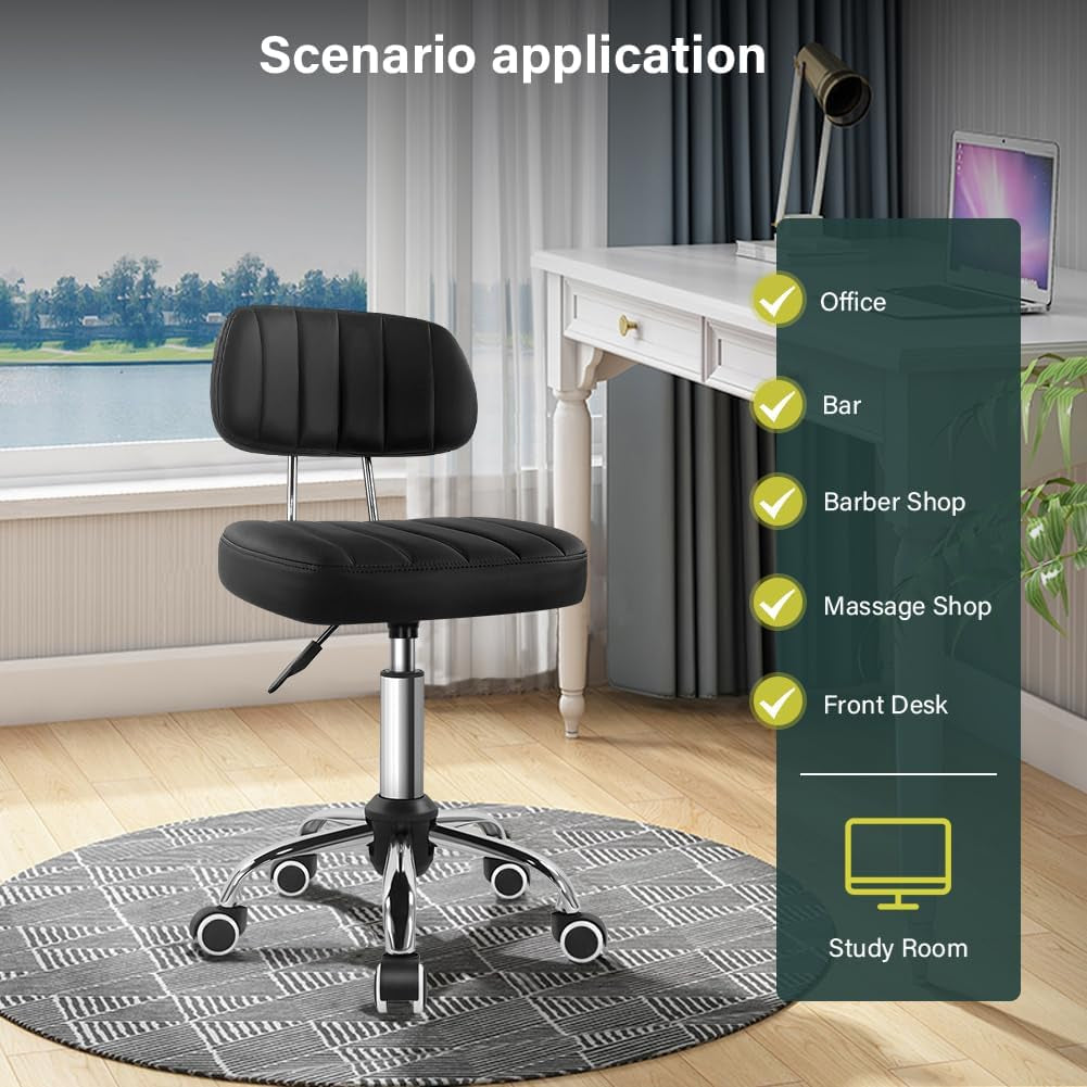 Black Square Swivel Stool with Wheel for Work SPA Shop Massage Height-Adjustable and Cost-Effective Rolling Stool Chair with Back-2