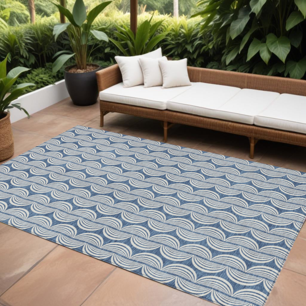 8' X 10' Denim Blue And Ivory Ogee Washable Indoor Outdoor Area Rug-0