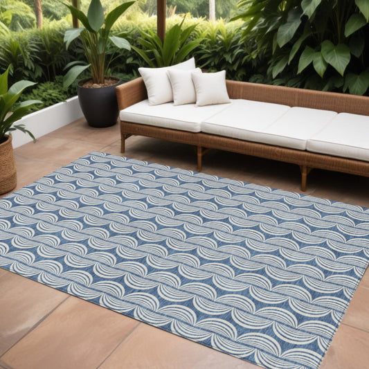 8' X 10' Denim Blue And Ivory Ogee Washable Indoor Outdoor Area Rug-0