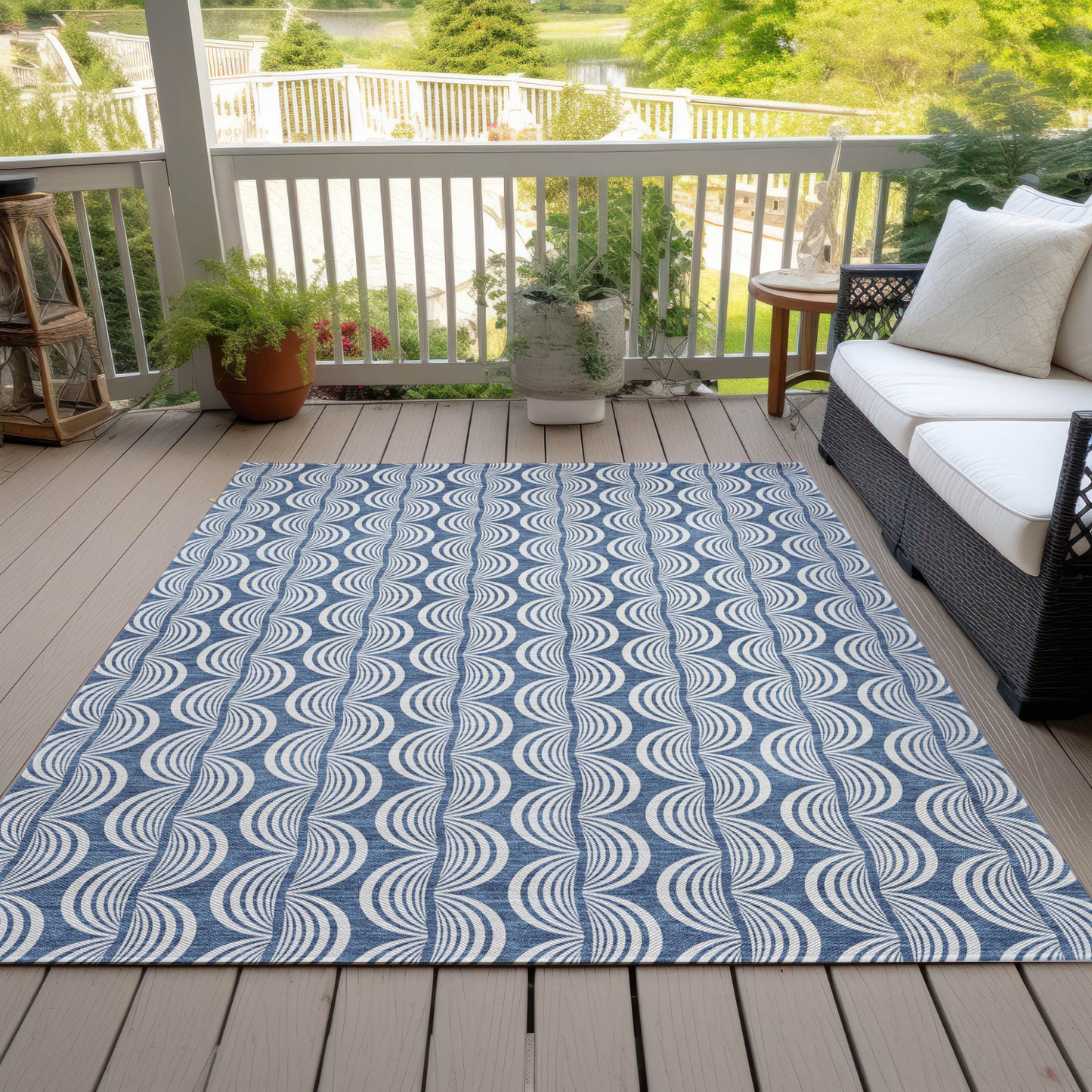 8' X 10' Denim Blue And Ivory Ogee Washable Indoor Outdoor Area Rug-6