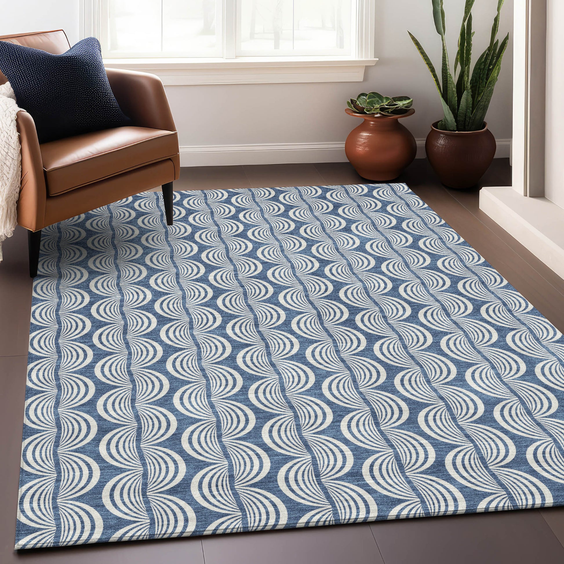 8' X 10' Denim Blue And Ivory Ogee Washable Indoor Outdoor Area Rug-7