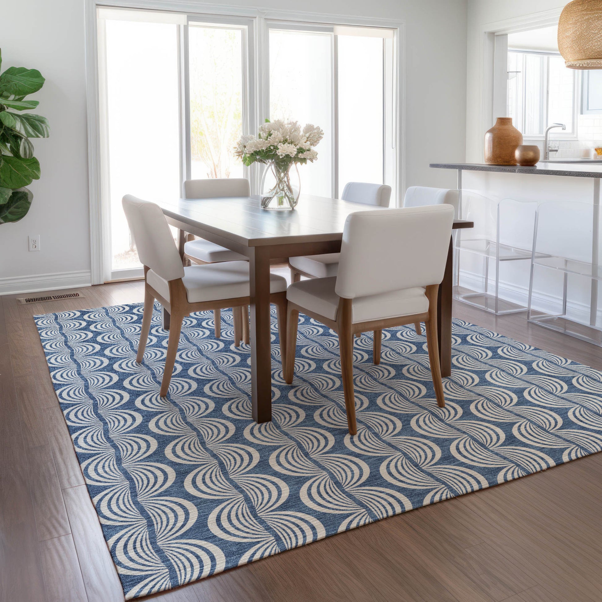 8' X 10' Denim Blue And Ivory Ogee Washable Indoor Outdoor Area Rug-8
